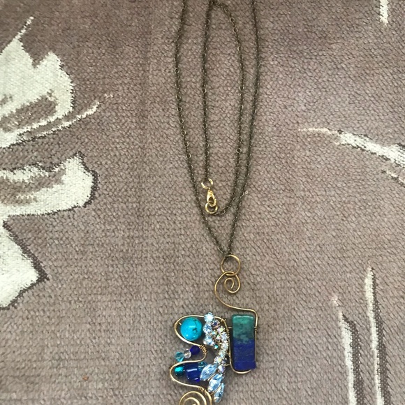 Lapis/Chrysacolla/Turquoise/Upcycled Rhinestone Wired Pendant - Picture 2 of 2